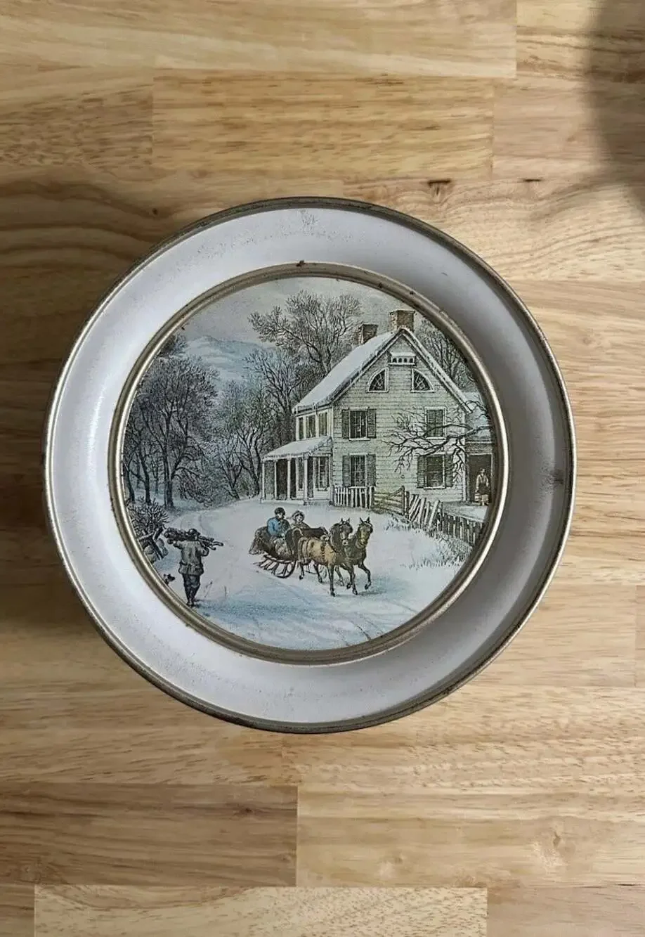 Vintage Currier And Ives The American Homestead-Winter 1968 Tin Horses & Sleigh